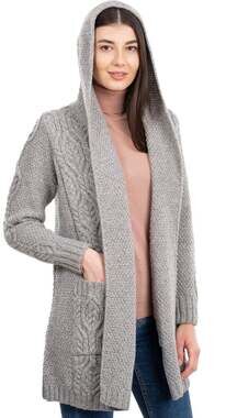 SAOL 100% Merino Wool Women's Aran Open Front Long Cardigan Sweater Irish Cable